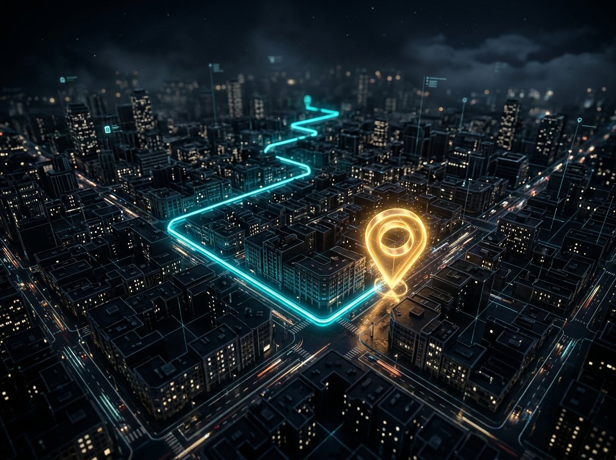 Glowing location pin on dark city map